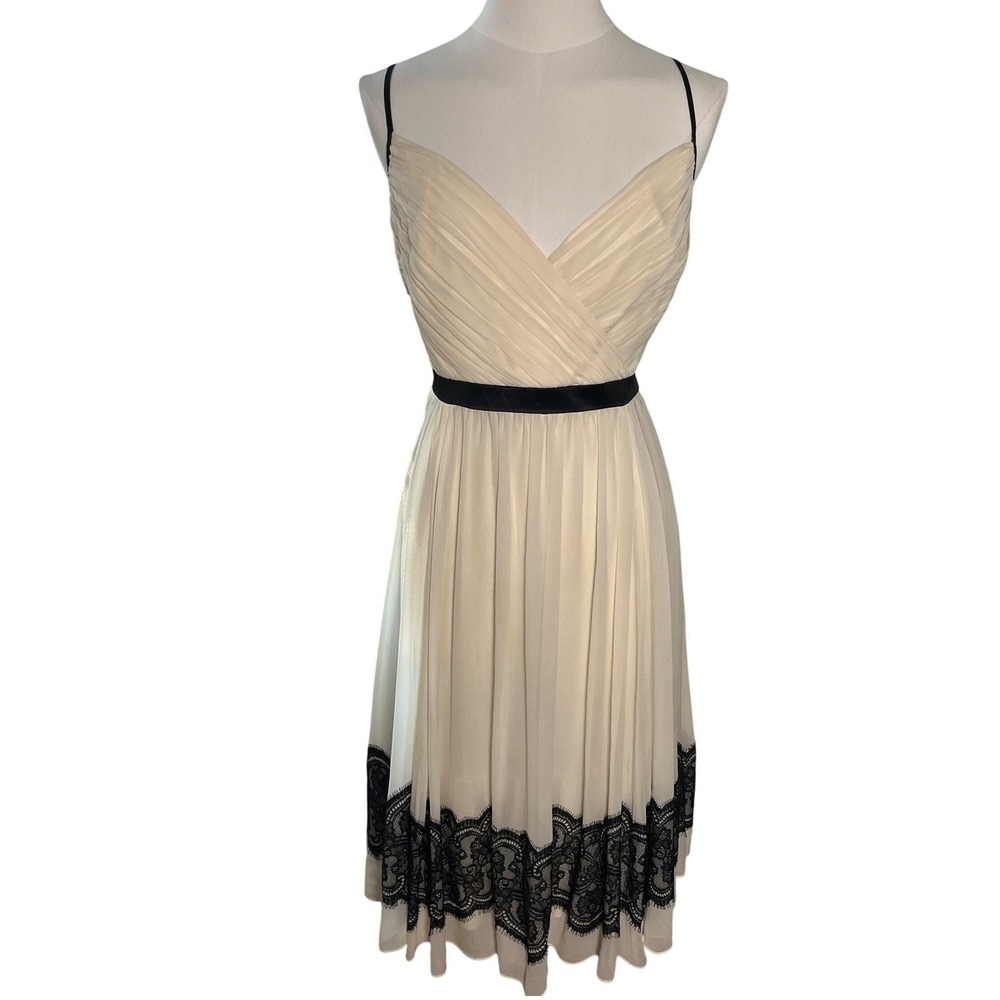 Arden B Silk Midi Dress Ivory Black Lace Hem Slip Coquette Women 8‎